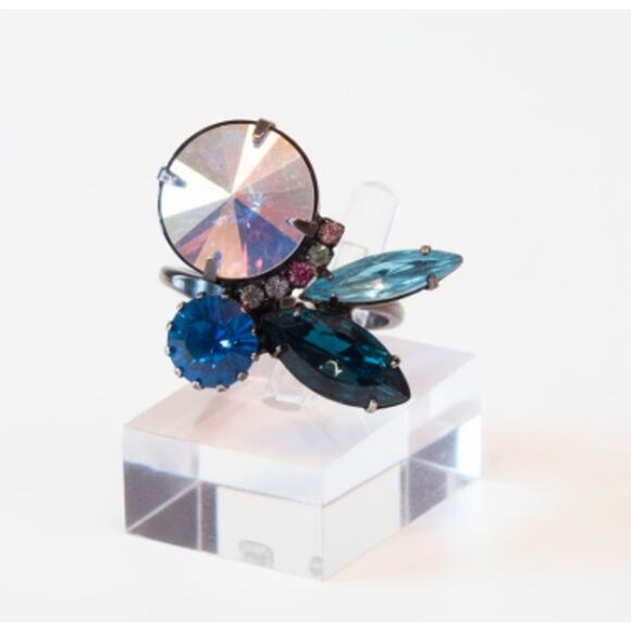 Joomi Lim Women's Gunmetal Blue Swarovski Gemstone Tear Ring Sz 6 NWOT 120 - Picture 1 of 7